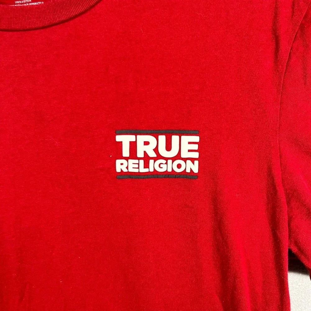 True Religion T Shirt Mens Large Red‎ Logo Buddha Cotton Short Sleeve Pullover